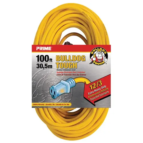 Extension Cord, Heavy Duty with Primelight Indicator Light 100 ft 12/3 gauge, 100 ft Yellow