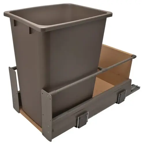 Waste Bin Pull-Out, Hafele Matrix, Single 49 l 52 qt Min. 24" Frame: champagne, bottom and back: maple melamine, bin: champagne, 52 qt Frame: Steel Bottom & back: Particle board Bin: Plastic