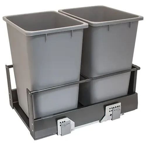 Waste Bin Pull-Out, Hafele Matrix, Double 34 l / 34 l 2 x 36 qt Min. 19 1/4" Frame: anthracite, bottom and back: black melamine, bin: gray; 2 x 36 qt Frame: Steel Bottom & back: Particle board Bin: Plastic