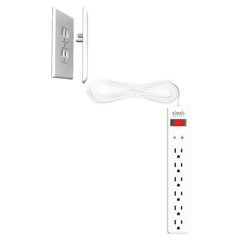 Sleek Socket, Hafele, 6 Outlet Power Strip with Surge Protection With 6 foot cord and lighted switch for TV stands, furniture and desks White