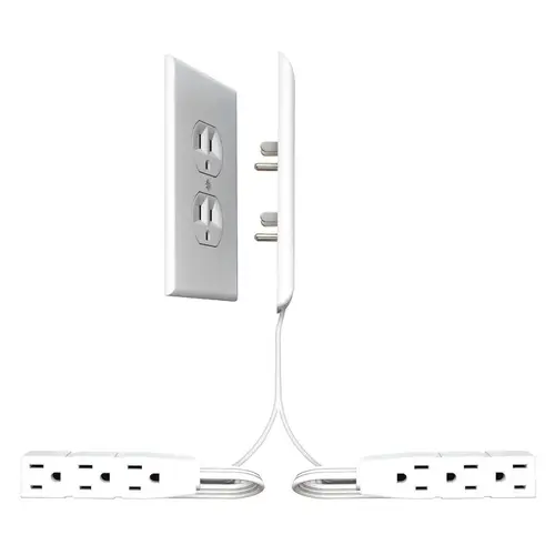 Sleek Socket, Hafele, 3 Outlet Power Strip and 2 x 8 ft Cords for behind beds and couches White