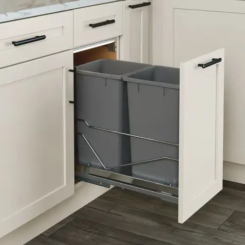 Waste Bin Pull-Out, Kessebhmer Double Bottom Mount 2 x 28 qt bins, Chrome Frame: Chrome Bin: White