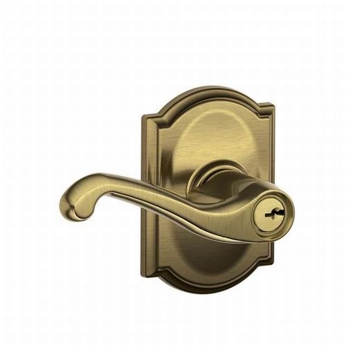 Flair Lever with Camelot Rose Keyed Entry Lock C Keyway with 16211 Latch and 10063 Strike Antique Brass Finish