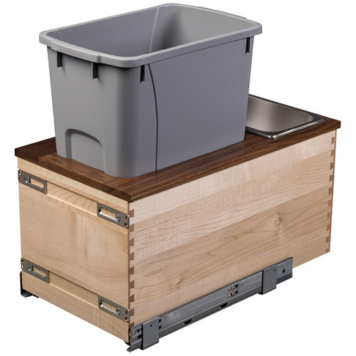 Single Waste Bin, Bottom Mount Walnut Creek Collection, 11 7/8" width, 1 x 34 qt., gray bin Walnut top on maple box with gray bins