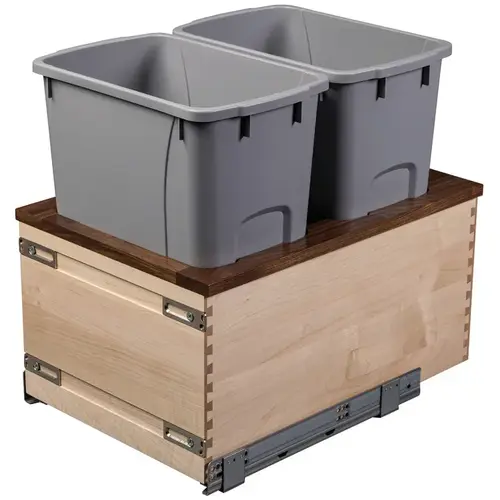 Double Waste Bin, Bottom Mount 14 7/8" WCCBM14PF-GR Walnut Creek Collection, 14 7/8" width, 2 x 34 qt., gray bin Walnut top on maple box with gray bins