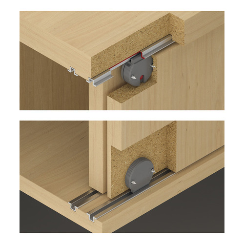 Sliding door fitting, Hafele Slido F-Line12 20A, set for wooden sliding doors, Infront, for door weight up to 20 kg, Running gear with height adjustment, guide with lockable pin Laufwerk: PlasticFixing element: Plastic