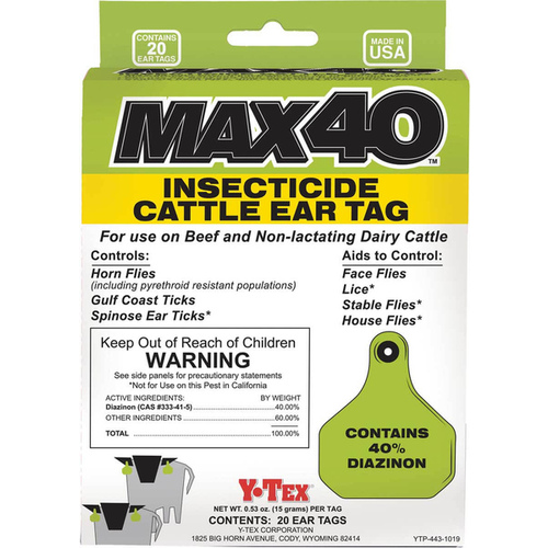 Y-TEX 21297070 Max40 Insecticide Ear Tags for Cattle pack of 20