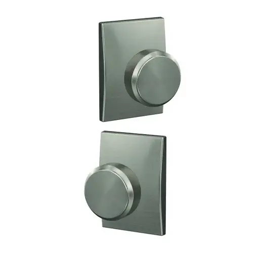 Bowery Knob with Century Rose Passage and Privacy Lock with 16600 Latch and 10027 Strike Satin Nickel Finish