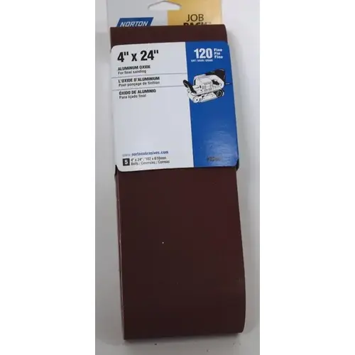 Sanding Belt, 4 in W, 24 in L, 120 Grit, Very Fine, Aluminum Oxide Abrasive - pack of 5