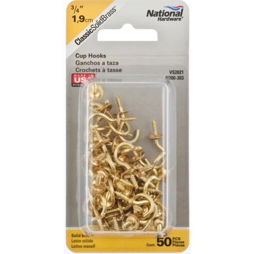 National Hardware 3/4" Cup Hook, Brass - Holds up to 10 lbs.