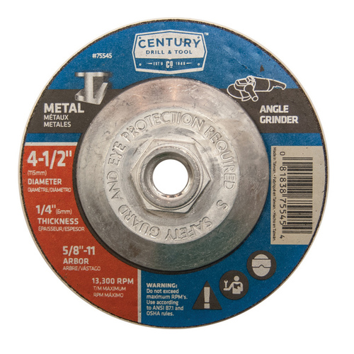 Century Drill & Tool 75545 Metal Grinding Wheel 4-1/2"x1/4" Type 27