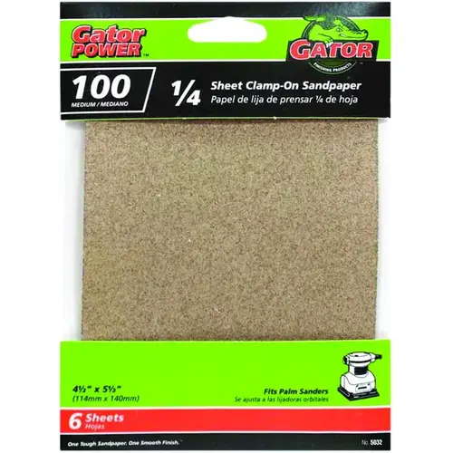 Sanding Sheet, 4-1/2 in W, 5-1/2 in L, 100 Grit, Medium, Aluminum Oxide Abrasive, Paper Backing - pack of 6