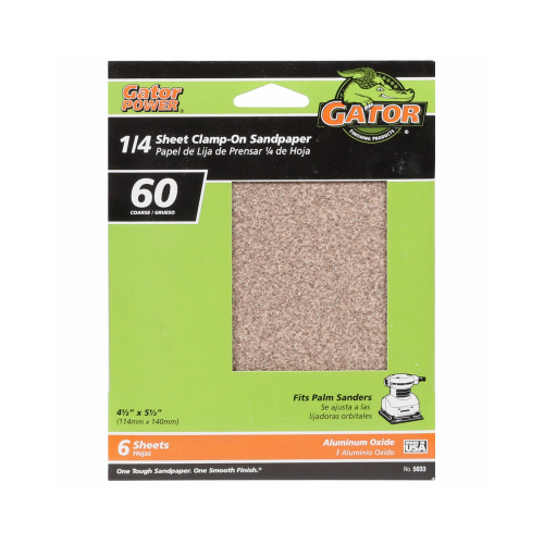 GATOR 5033 Sanding Sheet, 4-1/2 in W, 5-1/2 in L, 60 Grit, Coarse, Aluminum Oxide Abrasive, Paper Backing - pack of 6