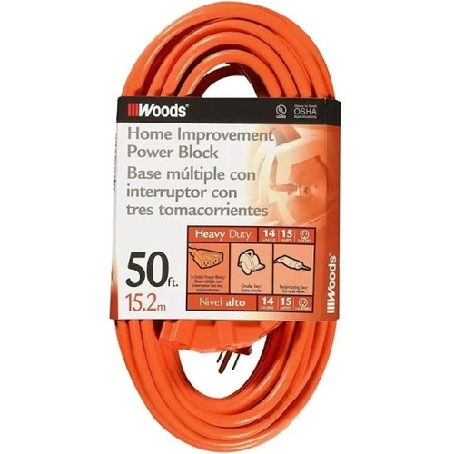 Extension Cord, 14 AWG Cable, 50 ft L, 15 A, 125 V, Orange