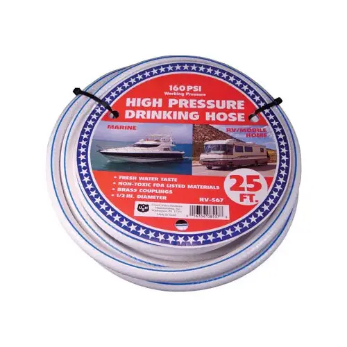 Drinking Water Hose, 25 ft L, 500 psi Pressure, White