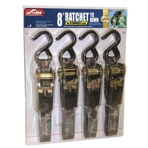 Ratchet Tie-Down with S-Hooks 8ft x 1" Camo