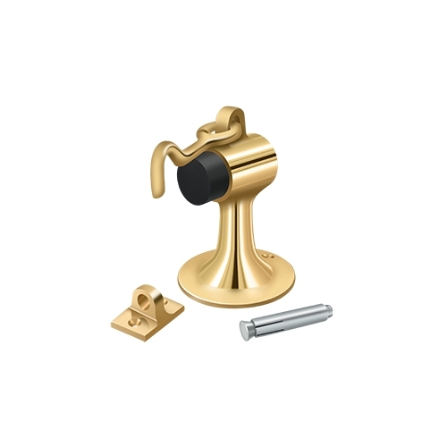 3-3/4" Height Floor Mount Door Stop With Rubber Bumper With Hook & Eye Lifetime Polished Brass