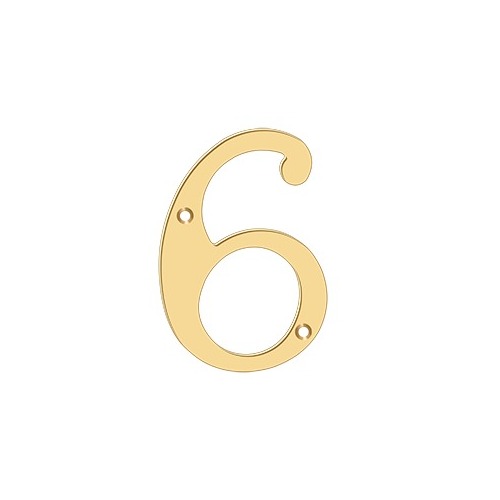 6" Height Residential House Number Number 6 Lifetime Polished Brass