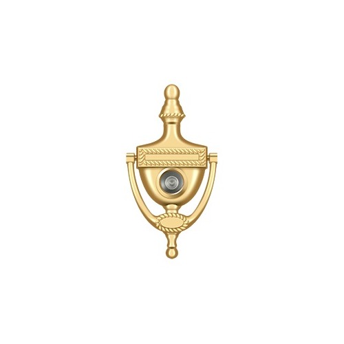 6" Height X 3-1/8" Width Victorian Rope Door Knocker With Glass Lens Viewer Lifetime Polished Brass