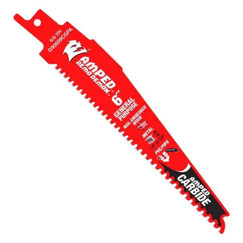 Reciprocating Saw Blade Demo Demon Amped 6" Carbide Tipped General Purpose 6/9 TPI Red