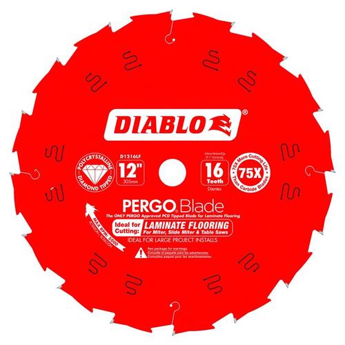 Circular Saw Blade, 12 in Dia, 1 in Arbor, 16-Teeth, Polycrystalline Diamond Cutting Edge