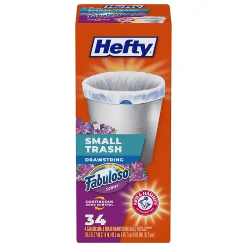 Hefty Small 4G Drawstring Trash Bag, Fabuloso Scent, 34ct White