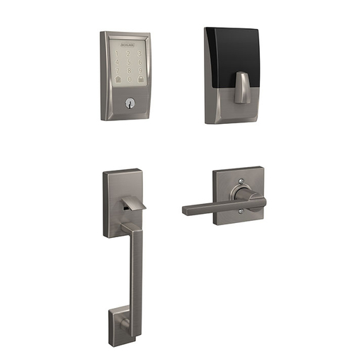 Century Encode Smart Wifi Touchscreen Deadbolt with Lower Century Handleset and Latitude Lever with Collins Rose Trim Combo Pack with C Keyway; 16292 Latch; and 10269 Strike Satin Nickel Finish