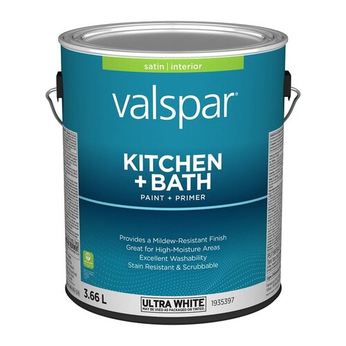 Kitchen and Bath Interior Paint and Primer, Satin, Ultra White, 1 gal