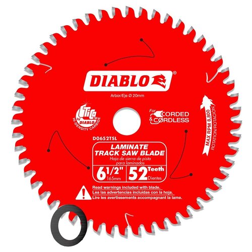 Track Saw Blade, 6-1/2 in Dia, 20 mm Arbor, 52-Teeth, Carbide Cutting Edge Perma Shield