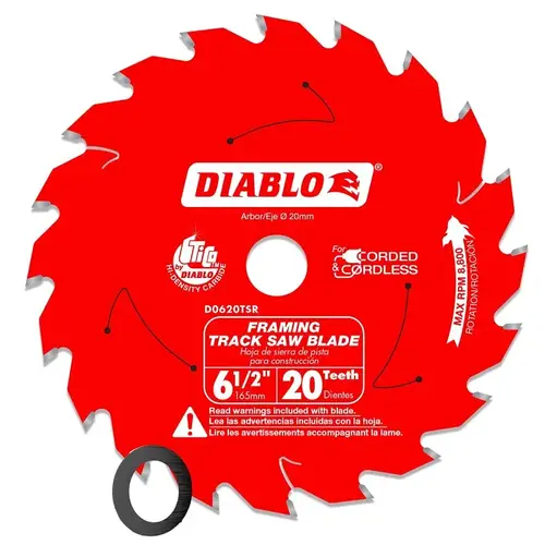 Track Saw Blade, 6-1/2 in Dia, 20 mm Arbor, 20-Teeth, Carbide Cutting Edge