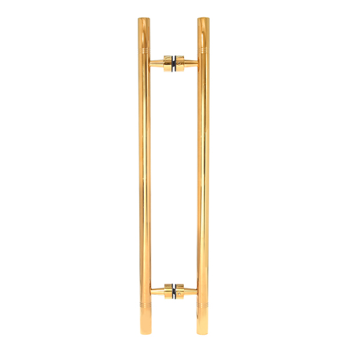 CRL CT18X18BR Polished Brass 25" Overall Length Glass Mounted Back-to-Back Ladder Style Pull Handle with Undercut Accent Rings