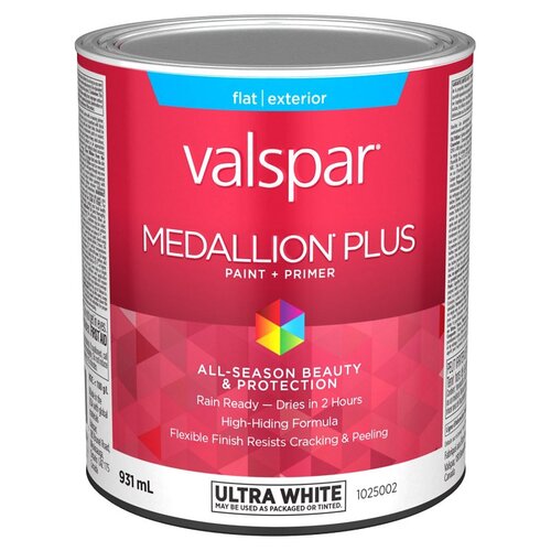 Medallion Plus 029.1025002.005 Exterior Paint and Primer, Acrylic, Flat, Ultra White, 1 qt, 400 sq-ft/gal Coverage Area