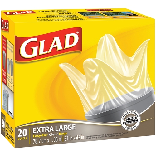 GLAD 30314 Easy-Tie 30202 Garbage Bag, XL, Plastic, Clear - pack of 20