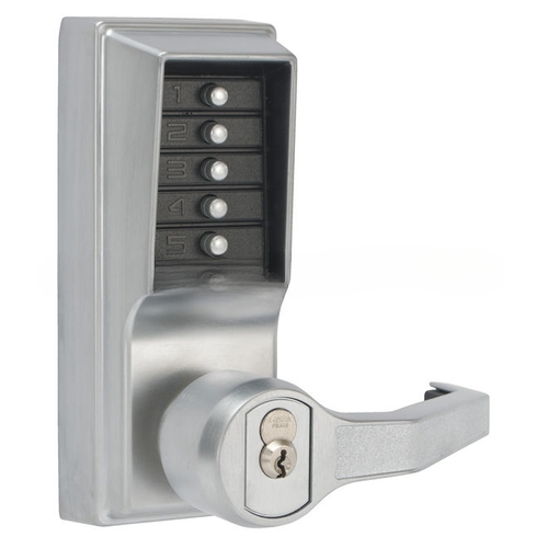 Left Hand Mechanical Pushbutton Lever Lock Combination, Privacy, and Key Override, Best Prep, 2-3/4" Backset, and 3/4" Throw Satin Chrome Finish