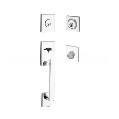 Double Cylinder La Jolla Handleset with Tube Lever and Contemporary Square Rose with 6AL Latch and Dual Strike with SmartKey Bright Chrome Finish