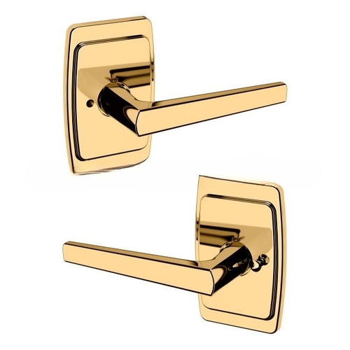 Preconfigured L024 Lever with R046 Rose Privacy Lock with 2-3/8" Backset and Full Lip Strike Unlacquered Brass Finish