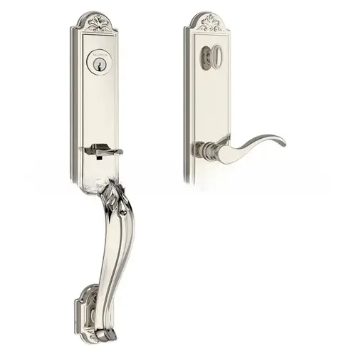 Emergency Egress Elizabeth Handleset with Left Hand Curve Lever and Elizabeth Escutcheon with 6AL Latch and Dual Strike Lifetime Bright Nickel PVD Finish