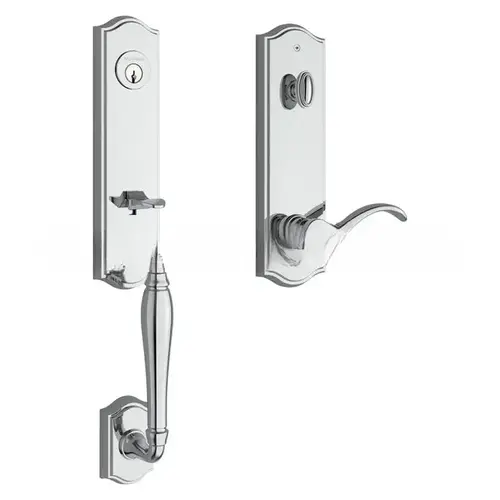 Emergency Egress New Hampshire Handleset with Left Hand Curve Lever and Traditional Arched Escutcheon with 6AL Latch and Dual Strike Bright Chrome Finish