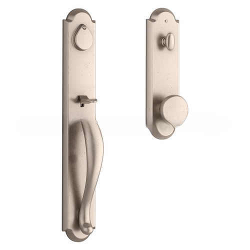 Emergency Egress Elkhorn Handleset with Rustic Lever and Rustic Arched Escutcheon with 6AL Latch and Dual Strike White Bronze Finish