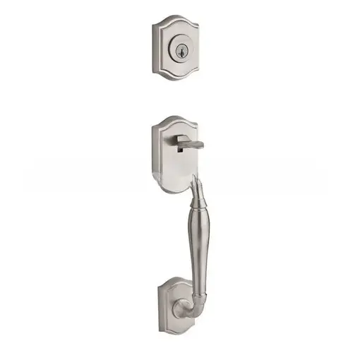 Double Cylinder Westcliff Handleset with Right Hand Curve Lever and Traditional Square Rose with 6AL Latch and Dual Strike Satin Nickel Finish