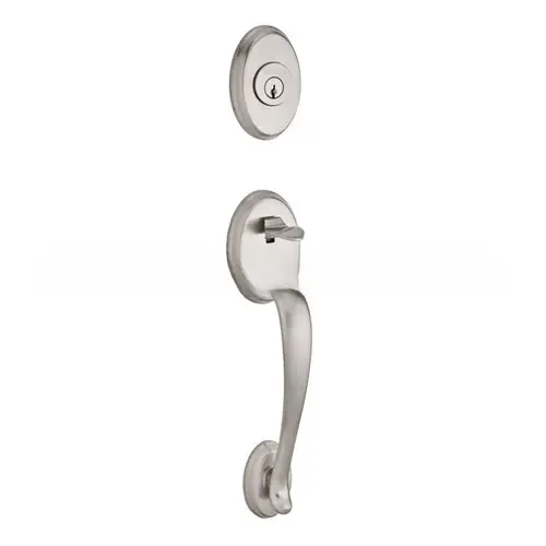 Double Cylinder Columbus Handleset with Left Hand Curve Lever and Traditional Arch Rose with 6AL Latch, Dual Strike, and SmartKey Satin Nickel Finish