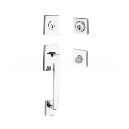 Double Cylinder La Jolla Handleset with Square Lever and Contemporary Square Rose with 6AL Latch and Dual Strike Bright Chrome Finish