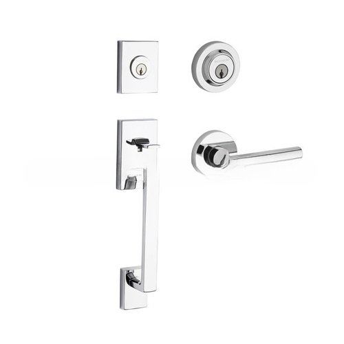 Double Cylinder La Jolla Handleset with Tube Lever and Contemporary Round Rose with 6AL Latch, Dual Strike, and SmartKey Bright Chrome Finish