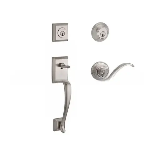 Double Cylinder Napa Handleset with Left Hand Curve Lever and Traditional Round Rose with 6AL Latch and Dual Strike Satin Nickel Finish