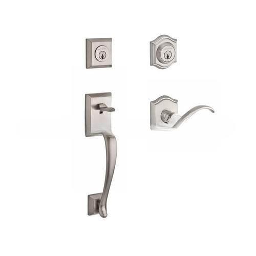 Double Cylinder Napa Handleset with Right Hand Curve Lever and Traditional Arch Rose with 6AL Latch and Dual Strike Satin Nickel Finish