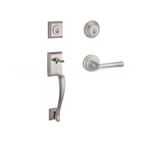 Double Cylinder Napa Handleset with Right Hand Federal Lever and Traditional Round Rose with 6AL Latch and Dual Strike Satin Nickel Finish