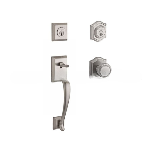 Double Cylinder Napa Handleset with Traditional Knob and Traditional Arch Rose with 6AL Latch and Dual Strike Satin Nickel Finish