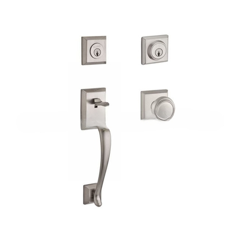 Double Cylinder Napa Handleset with Traditional Knob and Traditional Square Rose with 6AL Latch and Dual Strike Satin Nickel Finish