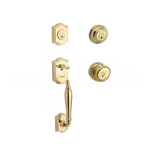 Double Cylinder Westcliff Handleset with Round Knob and Traditional Round Rose with 6AL Latch and Dual Strike Lifetime Brass Finish