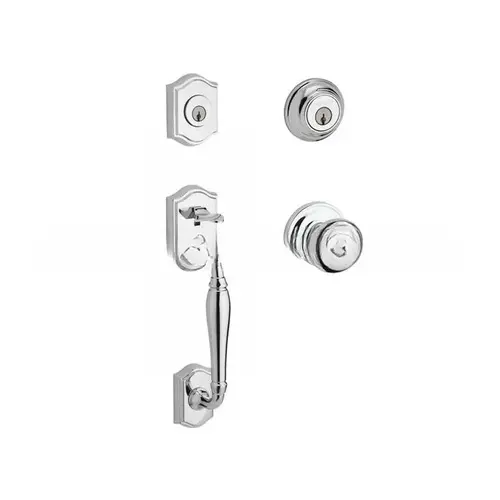 Double Cylinder Westcliff Handleset with Round Knob and Traditional Round Rose with 6AL Latch and Dual Strike Bright Chrome Finish